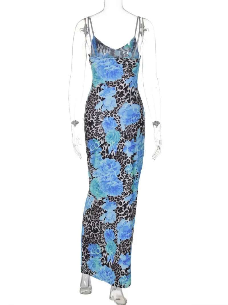 Woman Clothing Leopard Print Slip Dress Y2k Streetwear Sexy Sleeveless Backless Bodycon Ral Long Dresses Blue Party Vestidos
