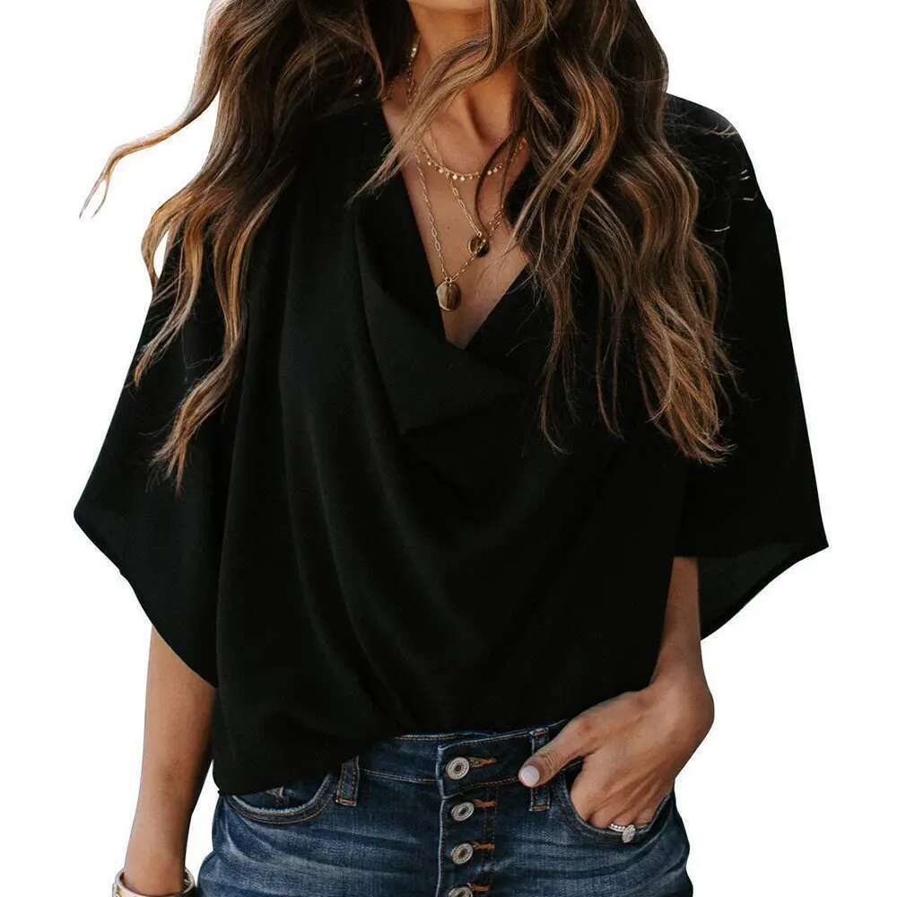 Jocoo Jolee Women Pullover Elegant Blouse Chiffon Flare Sleeve V-Neck Solid Pleated Loose Summer Office Lady Casual Basic Shirt