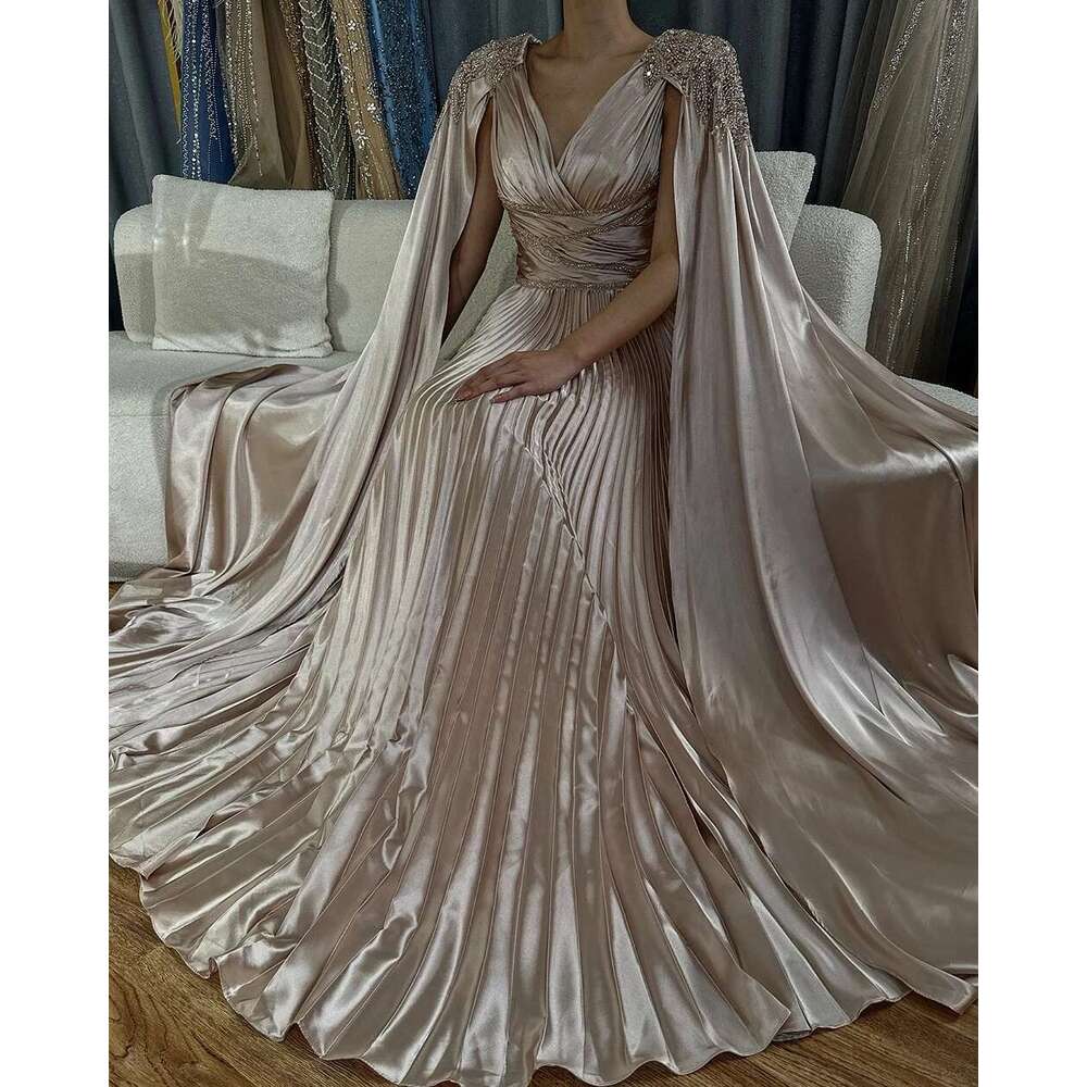 Beaded Nude Satin A E Saudi Arabic Evening Dress Gown With Cape Sleeves Formal Ocn Customize BLA rabic vening BL