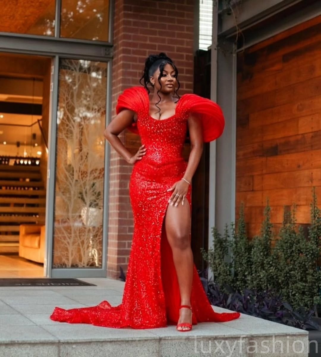 Aso Ebi 2025 Red Mermaid Prom Dresses Beaded Sequined Lace Stylish High Split Evening Formal Party Second Reception Birthday Gowns Dress For Special O