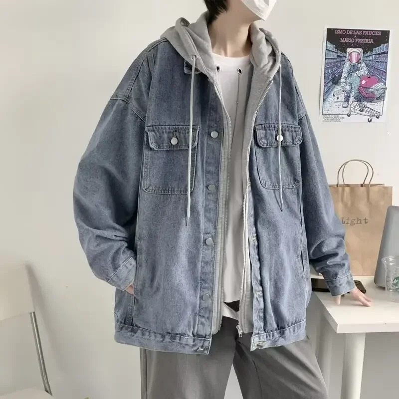 Trendy Hong Kong Style Versatile TwoPiece Illusion Hooded Denim Jacket Casual Loose Fit For Men And Youths Working Clothes 250210