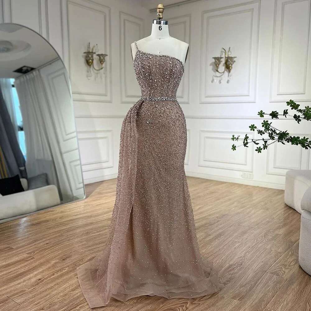 Mermaid Caramel One Shoulder With Overski Beaded Evening Dresses Gowns Customize Prom Party BLA