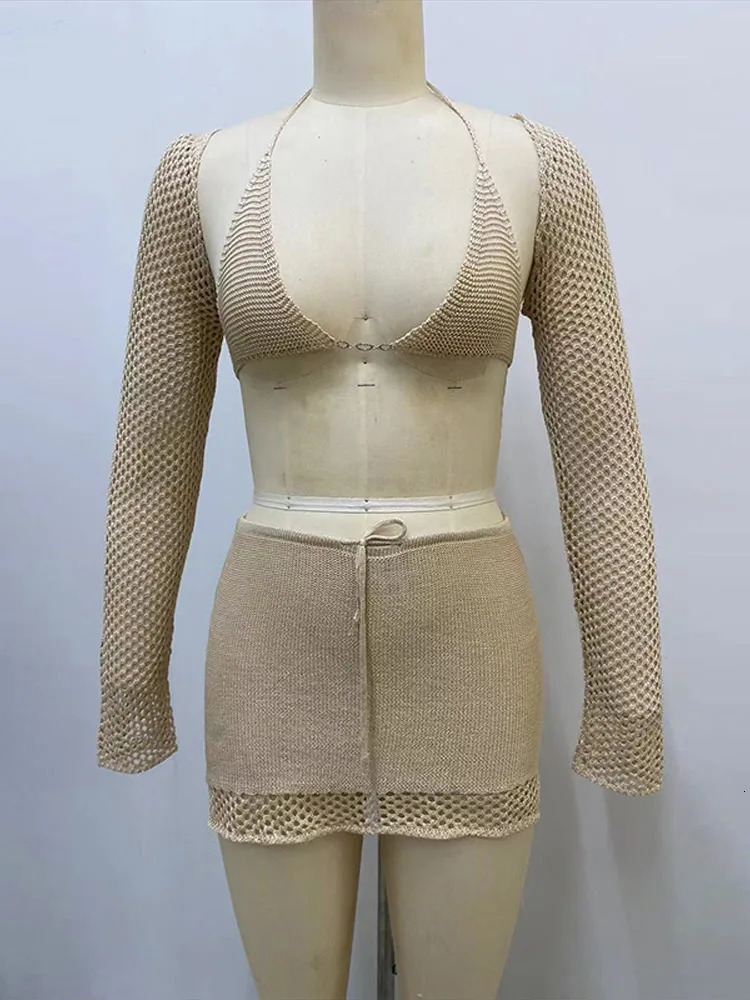 Sexy Hollowed Out Knit Bikini Set Women Glitter Crochet Slim Solid Mini Skirt Sets Female 2025 Fashion Holiday Beach Suit Lady 250217