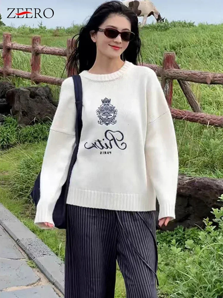 Autumn female Letters Embroidery Round Neck Pullover Sweater women Winter Cashmere Knitwear Jumper Casual White Knitwear Tops 250217