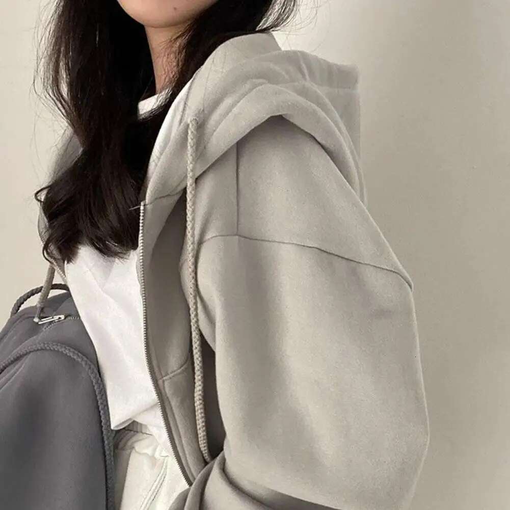 2024 Autumn/Winter New Coat Fashion Cropped Slims Zip-Up Warm Solid Color Hooded Sweatshirt For Women Jacket