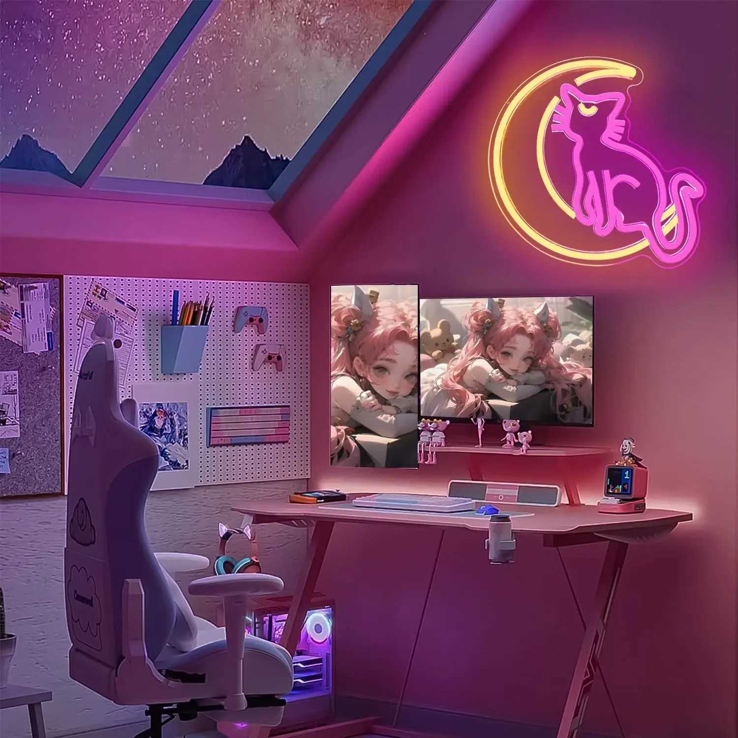 Anime Cat Neon Signs Dimmable Cartoon Luna Neon Lights Moon Cat Neon Light Sign Cute Led Signs for Bedroom Wall for Girls Z250218