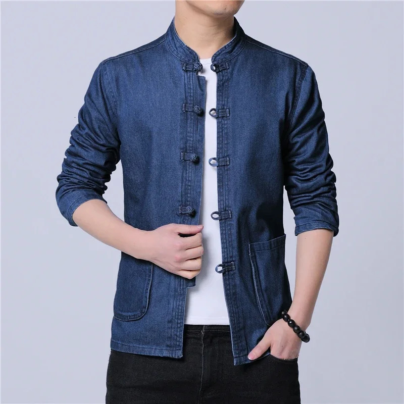 Autumn Men Chinese Style Tang Suit Washed Denim Top Stand Collar Jacket Casual Cotton Coat 250214