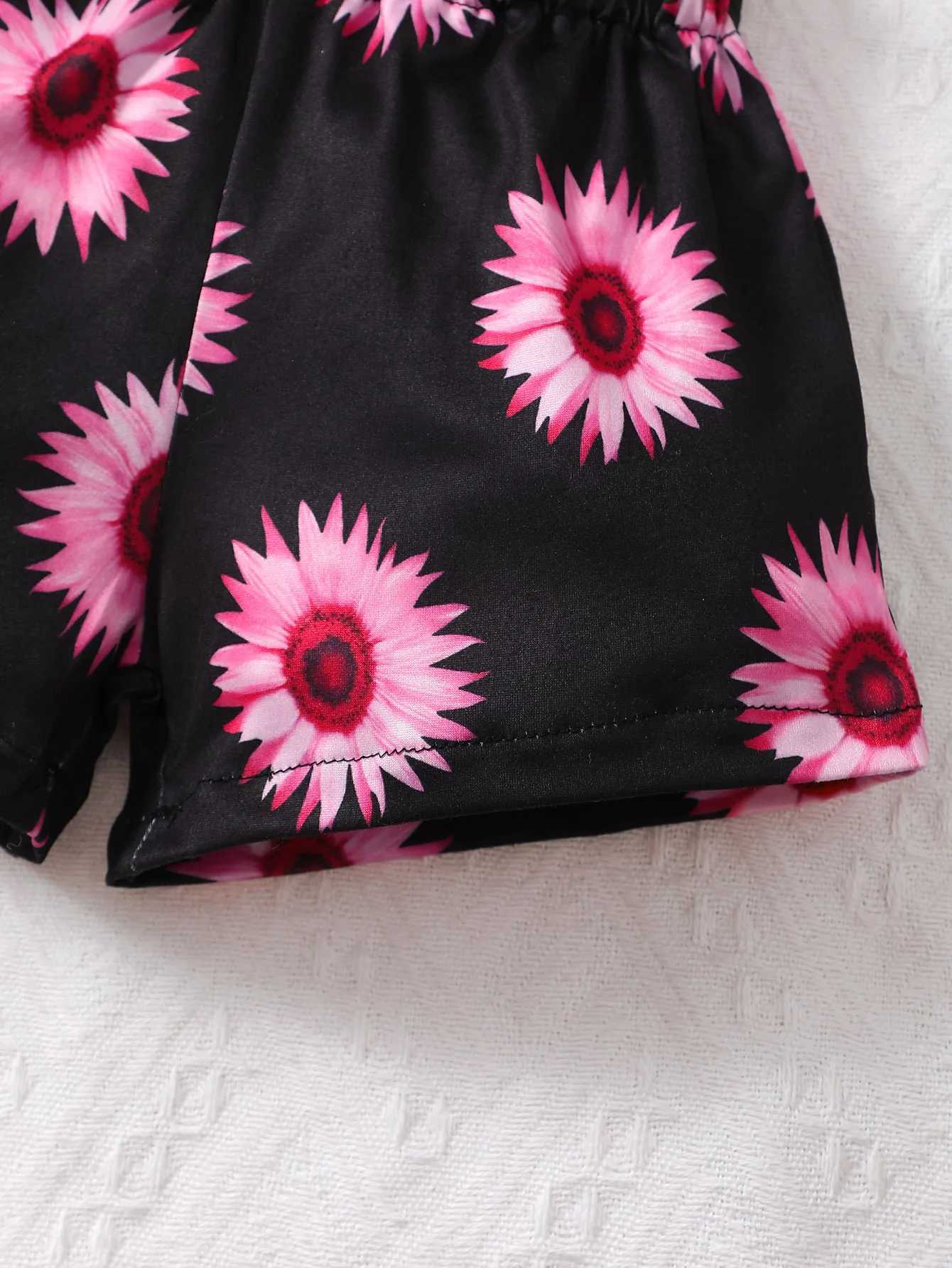 Fashion baby girl summer vacation lace shoulder strap top with floral sunflower print shorts set W250218