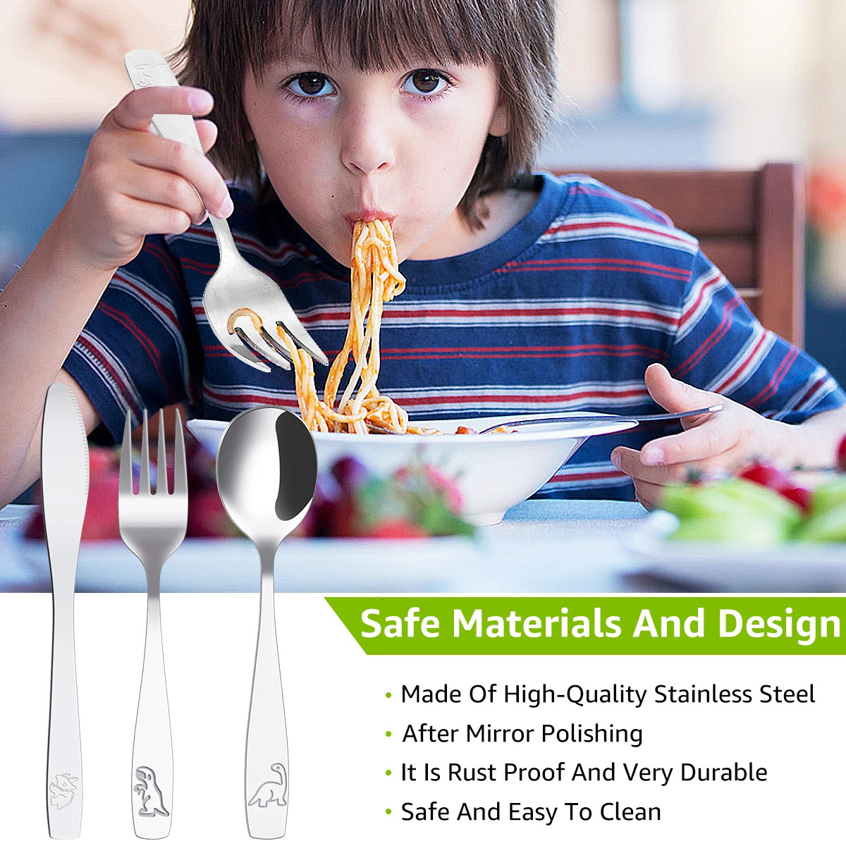 9/15Pcs Kids Silverware Set 410 Stainless Steel Kids Fork Spoon and Cutter Set Funny Dinosaur Flatware Set for Children Toddler 250214