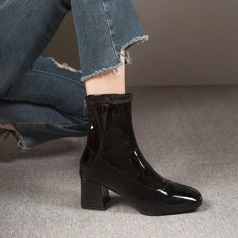 Brand Women Shoes 2023 New Black Patent Leather Fi Square Toe Womens Boots Thick Heel Ladies High Heel Ankle BootsXJ250217