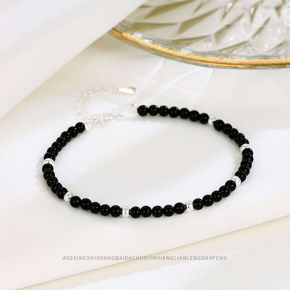 S pure sier versatile round black agate bracelet, niche simple accessory, light fashion, layered bead bracelet for women