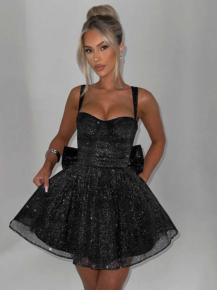 Basic Casual Dresses Fantoye Glitter Bright Silk Sparkling Bow Women Dress Apricot Spaghetti Strap Mini Dress Female Spring Slim Elegant Party Dress H