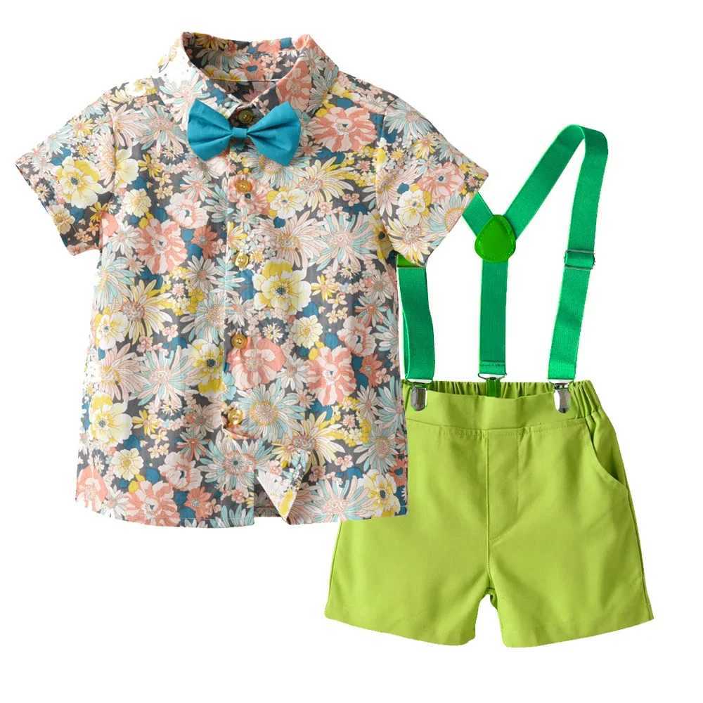 Boys Summer Suit Printed Flower Short-sleeved Shirt and Strap Shorts with Bow Tie Pure Cotton 2-8 Years-old Boy 70-130cm W250218
