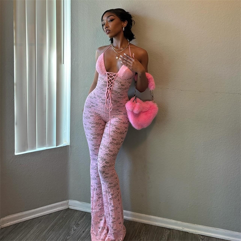 Women Jumpsuits Spring New Sexy Fashion Hollow Lace Perspective Backless Hanging Neck Slim Fit Rompers Summer