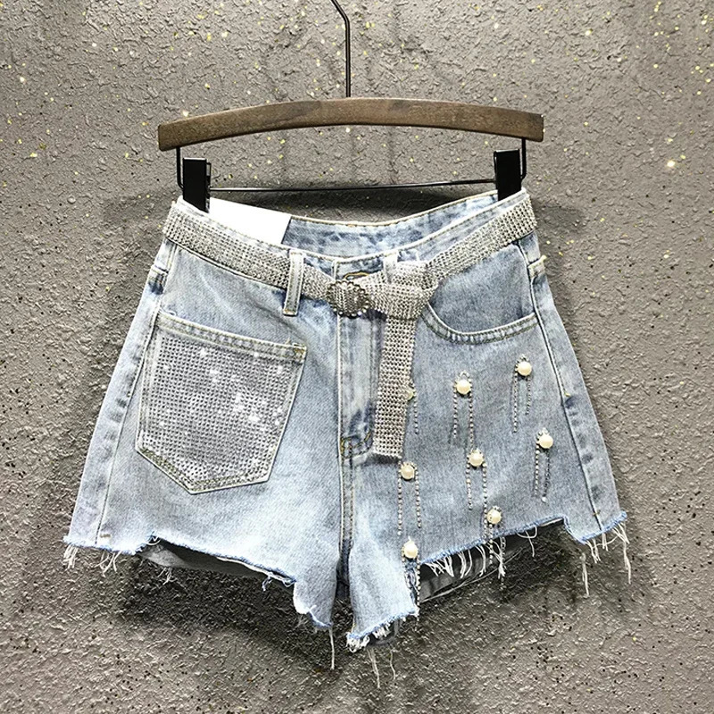 Summer Ladies Womens High Waisted Rhinestone Tassel Ripped Irregular Blue White Denim Shorts Woman Korean Jeans Shorts 250217