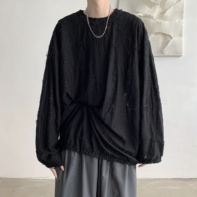 Spring Summer Men Hole T Shirts Harajuku Hip Hop Long Sleeve Oversized Tshirts Male Korean Fashion Tee Tops Plus Size 3XL 250122