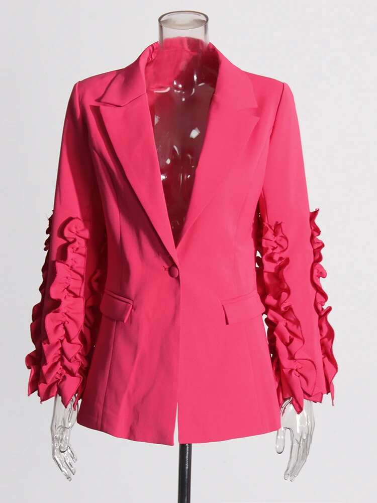 Temperament Two Piece For Women Notched Collar Long Sleeve Spliced Ruffles Blazer High Waist Flare Pant Chic Set Female