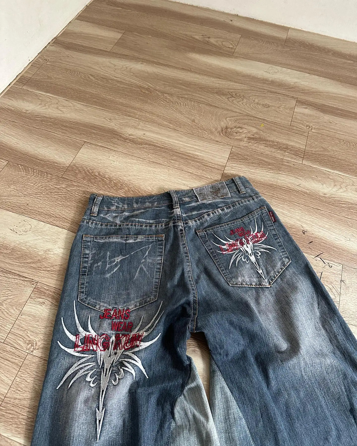 Y2K Harajuku Hip Hop Embroidery Jeans Men Women Goth Punk Ripped Wide Leg Pants Fashion Retro Baggy Denim Pants Streetwear 250217