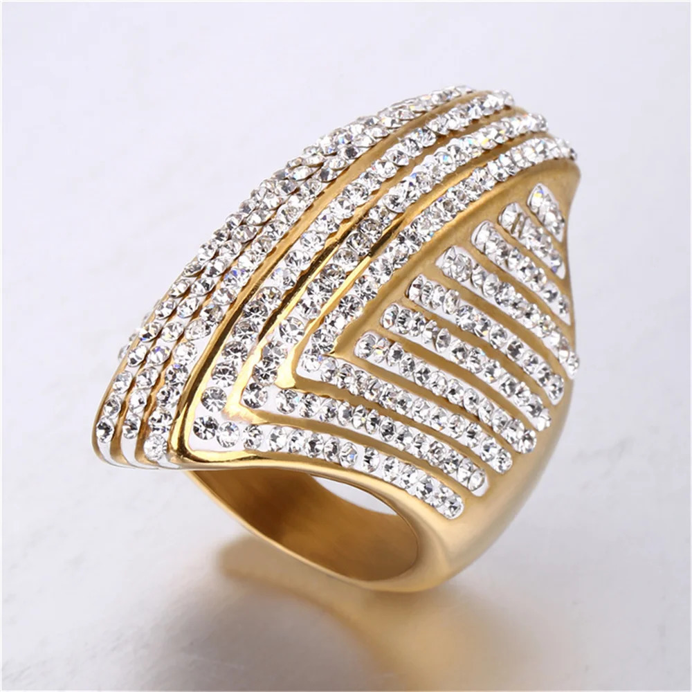 Hip Hop Iced Out Bling Big Oval Ring Female Gold Color Stainless Steel Large Cocktail Rings For Women Party Jewelry Gift 250214