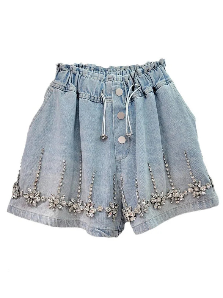 EWQ High Quality Diamond Studded Beads High Waist Loose Denim Wide Leg Shorts For Women 2025 Spring Summer 16U9607 250217