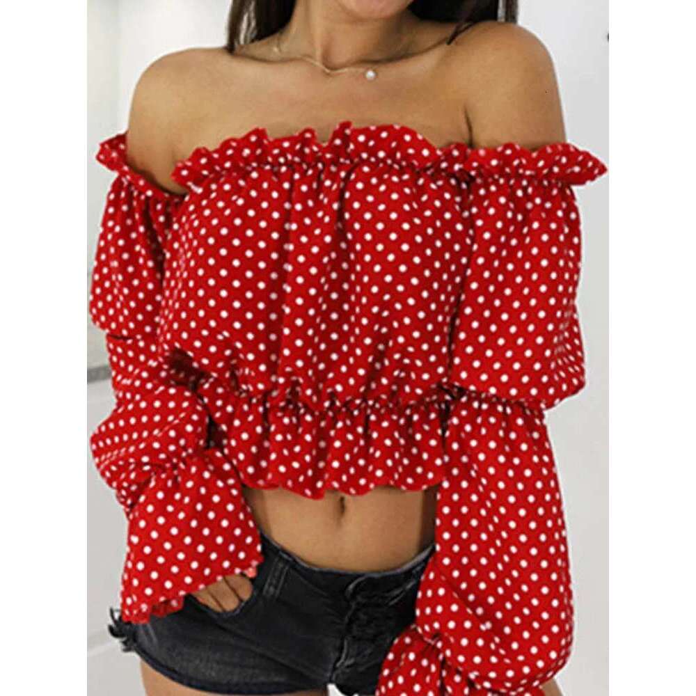 2024 Candy Color Off Shoulder Crop Tops Women Summer Dot Print Lantern Sleeve Shirts Lady Sexy Slash Neck Beach Blouse