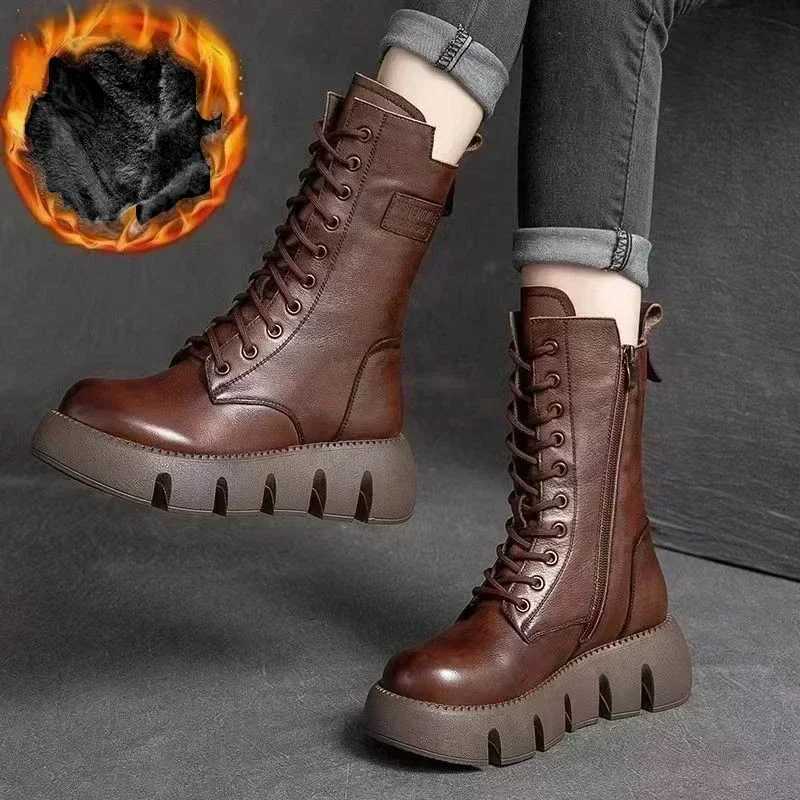 Winter chunky women black brown leather boots 2025 short plush 5cm mid-heel ankle snow boots lace up warm platform girls shoesXJ250217
