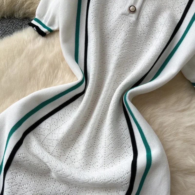 Women Color Patchwork Ruffles Hem Knitted Mini Dress Buttons Polo-neck Short Sleeve High Stretch Bodycon Casual Outfits Vestidos 250217