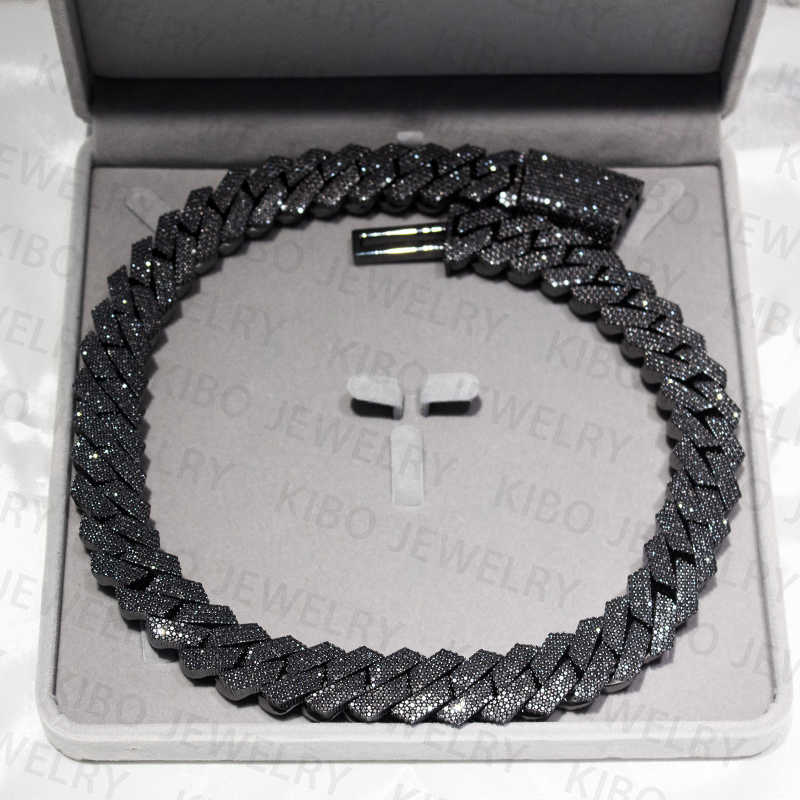 Fashion Jewelry Iced Out 18mm 20mm Black Plated 2 rows Top Quality Sterling Silver Black moissanite cuban link chain