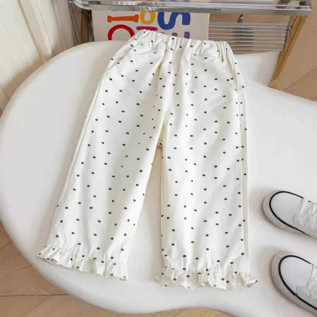 2025 Spring Children Girls 2PCS Clothes Set Printed Round Neck Lace Top Dot Straight Pants Suit Toddler Girls Outfits W250218