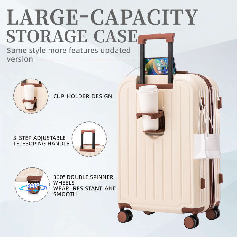 Suitcases 20/24/28in ABS Spinner Wheel Lage Carry on Suitcase with Cup Holder USB Port (Beige)