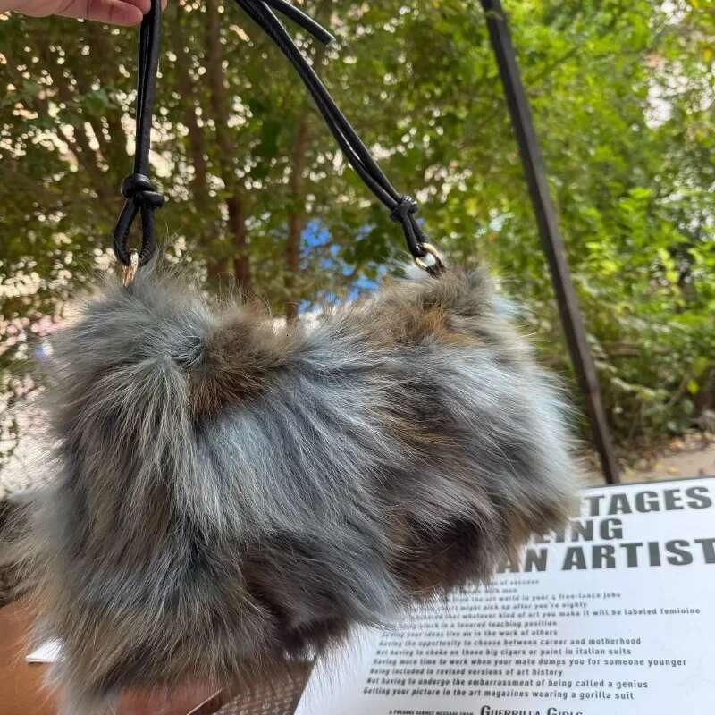 NEW Real Fox Fur Woman Ladies Crossbody Bags Designer Handbags Women Handbag Shoulder Fuzzy Fluffy Tote Bag