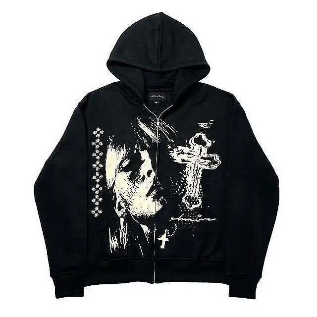New black loose zipper hoodie men American cross head print street Haruku oversized sweatshirt Y2K punk Japanese couple jacket