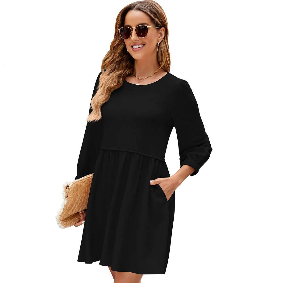 YJKDYK Spring Autumn Women's Long O-Neck Casual Loose Female Bubble Sleeve Waistband Pure Color Dress