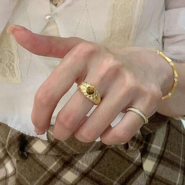 Tiqi S pure silver antique style tiger eye stone for women a high-end feel, slightly inlaid with sparkling zirconium wide version index finger ring tr