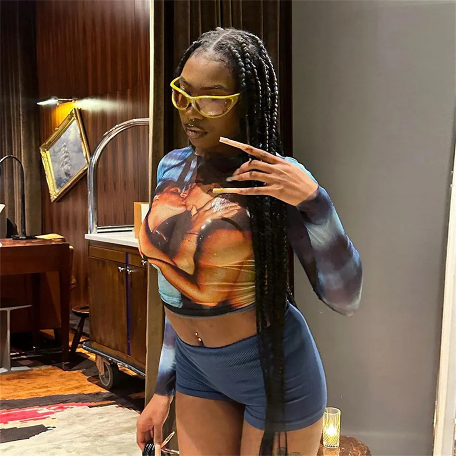 10pcs Bulk Items Wholesale Printed Sexy Mesh See Through Crop Top Women Clothing Fall Long Sleeve T Shirt Tops Y2k B12837 250206