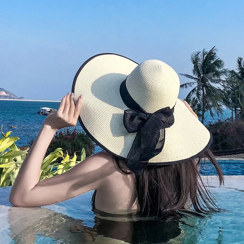 Women Summer Beach Travel Straw Hat Korean Seaside Big Hat Brim Sunblock Sunshade Holiday Foldable Fashion Big Cool Hat 250218
