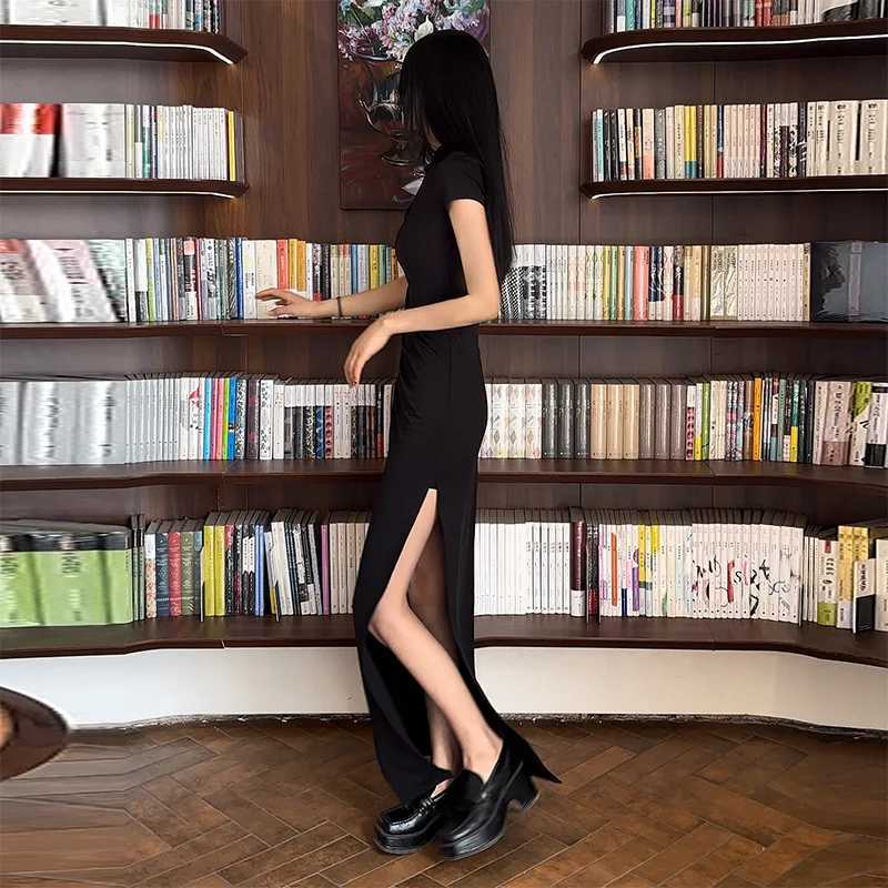 Basic Casual Dresses Lygens Solid Button Hollow Out Slit Bodycon Short Slve WomenS Dresses Long Strtwear Casual Outfit 2024 Summer Fashion H25217