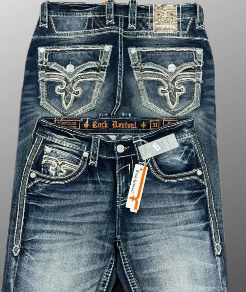 Style Blue Embroidered Cross Pattern Jeans Street Harajuku Casual Hip Hop Men and Women Y2k American Retro Jeans 250217