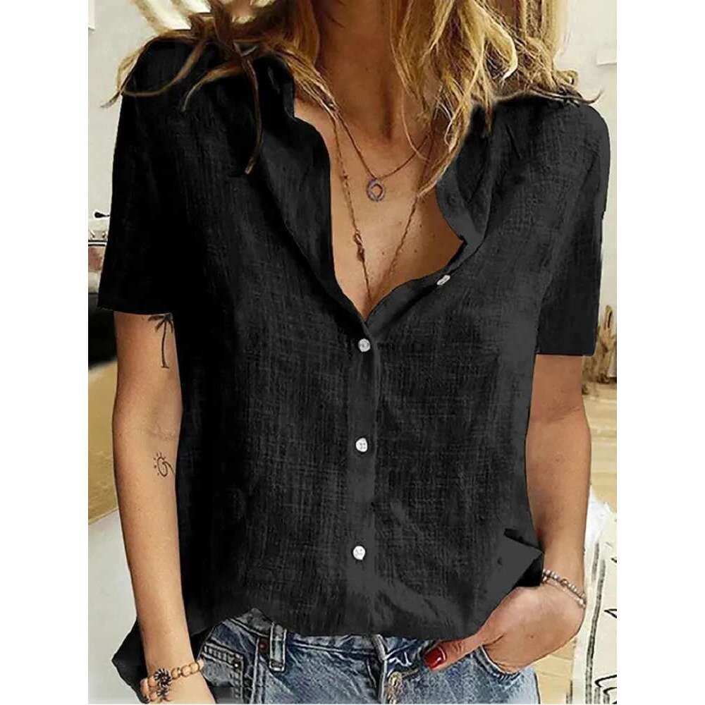 Casual Summer Short Sleeve Solid Loose Shirts Women Elegant Vintage Haruku Cotton En Blouses And Tops Oversized Tunic