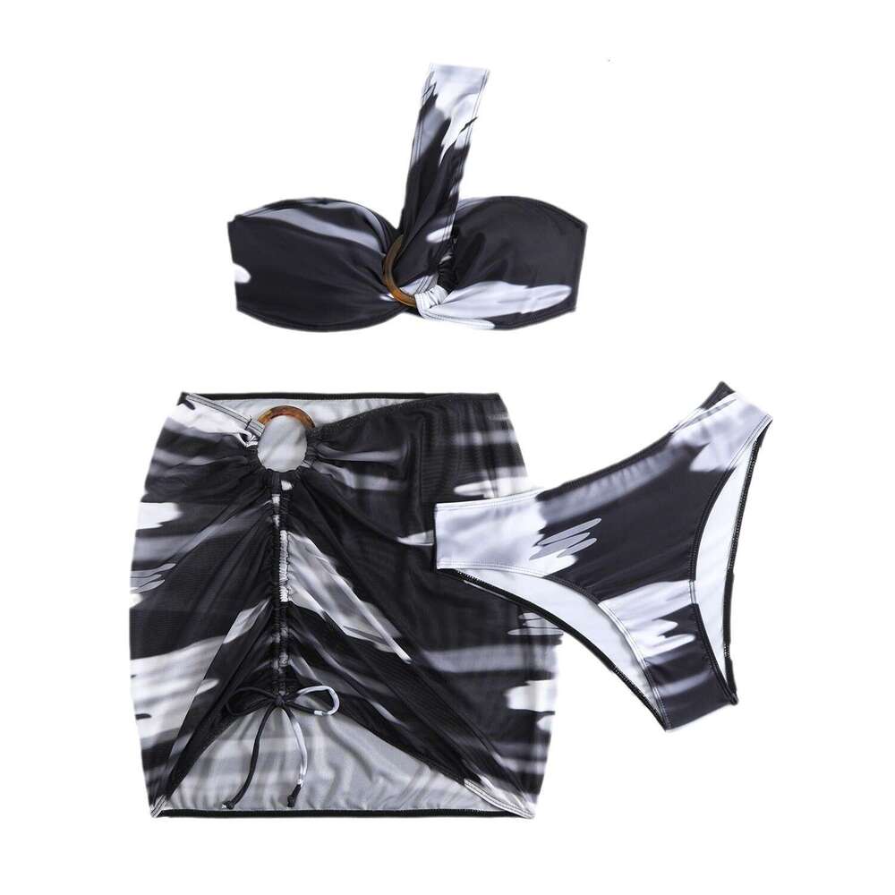 Langxin 2025 New Split Bikini Three Piece Set Printed Sexy Single Shoulder Drawstring Swimsuit Triangl Bikini Designer Swimsuit Women Swimwear Sexy Ne
