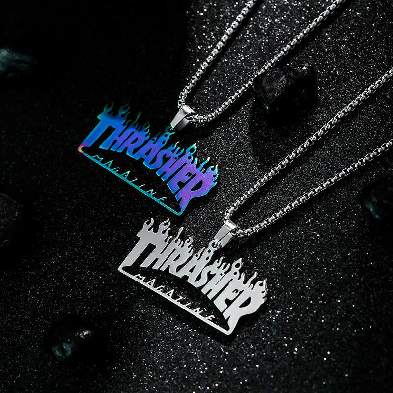 Street hip-hop pendant Thrasher colorful necklace quenched sweater chain titanium steel jewelry trend