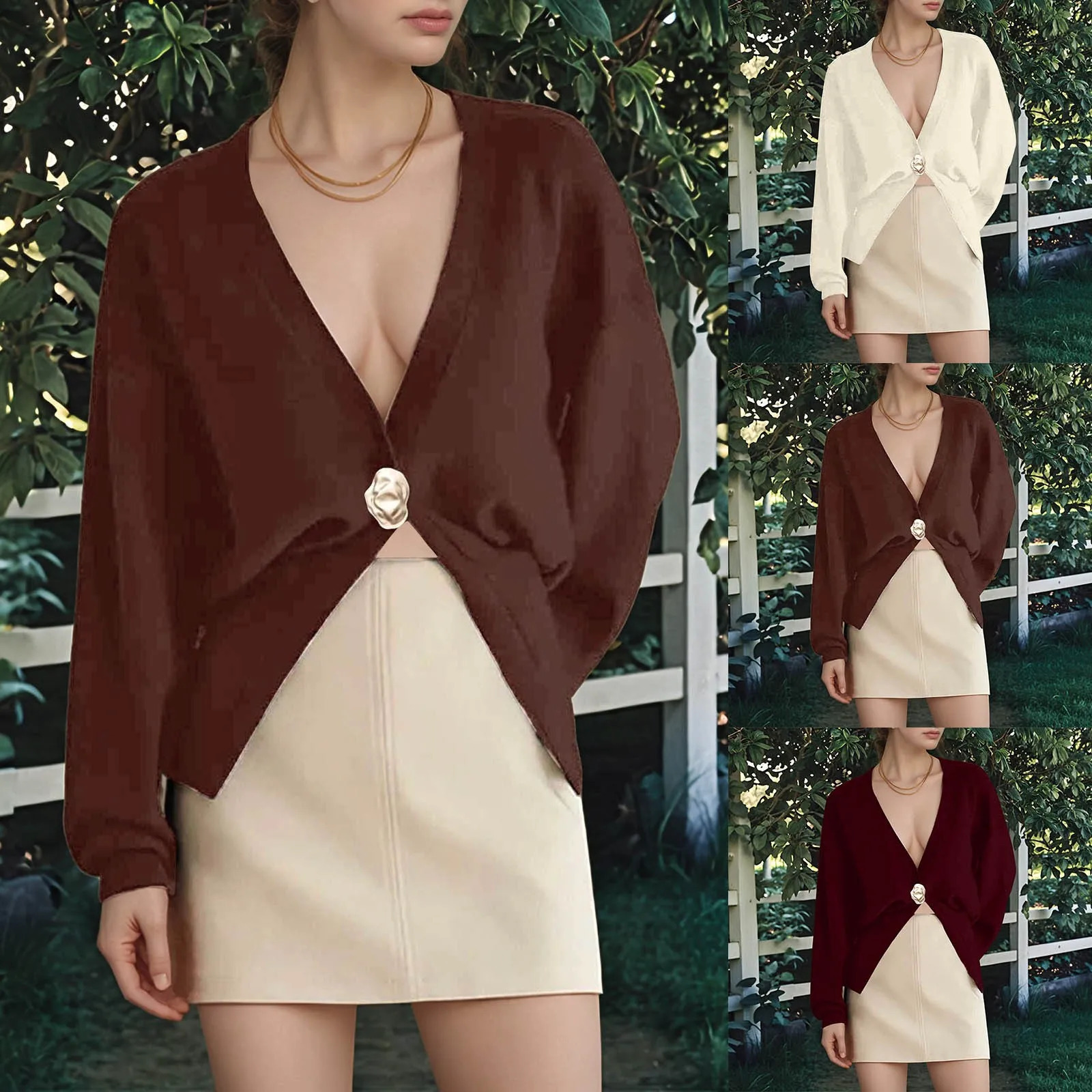 Elegant Deep V Neck Cardigan Sweaters For Women Trendy Golden Button Plain Knitted Outwears Coats Spring Autumn Knittwear 250213