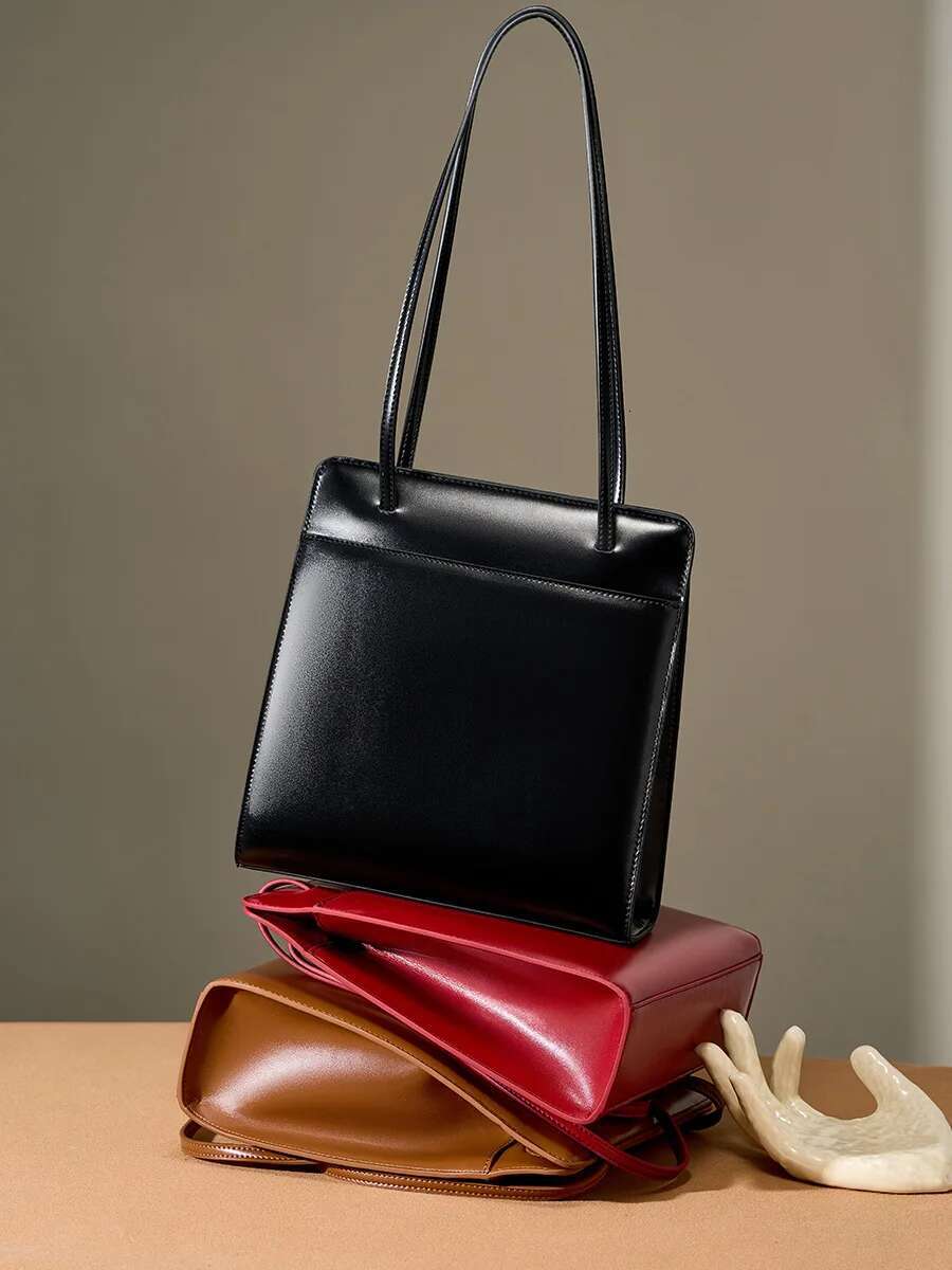 YANATARI Genuine Leather Large Shoulder Tote Bag Ladies Minimalism Red 2024 Large Capacity Handbag Woman