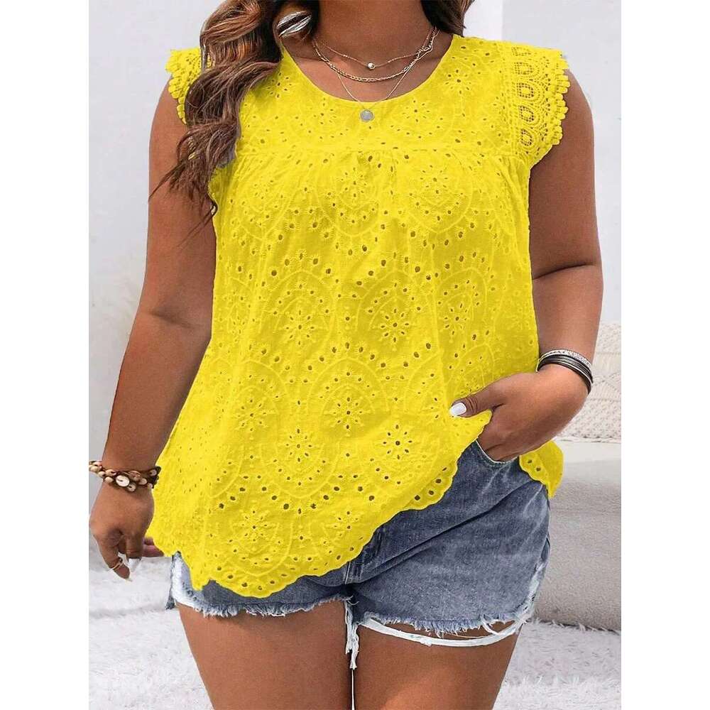 2024 New Fashion Plus Size Shirt Sleeveless Hollow Solid Color Round Neck Lace Simple Versatile Casual T-Shirt Top