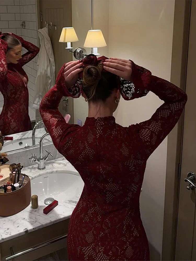 Lace Bodycon Midi Dress For Women Sexy Hip Package Hollow Out Evening Dresses Female Party Chic Lady Long Sleeve Vestidos
