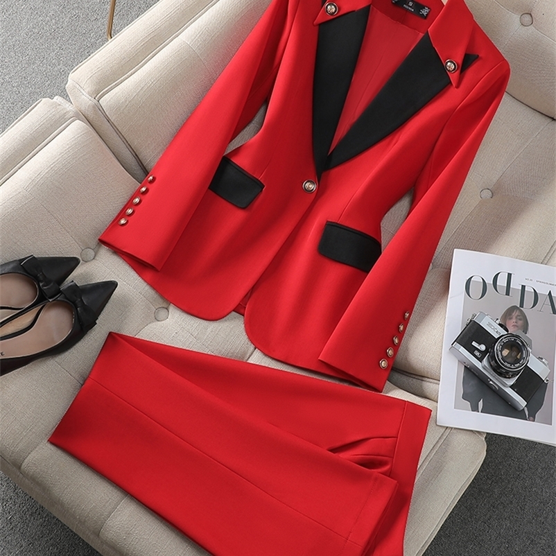 Fashion Red Black Beige Women Pant Suit 2 Piece Set Office Ladies Female Business Work Wear Formal Blazer Jacket 250206
