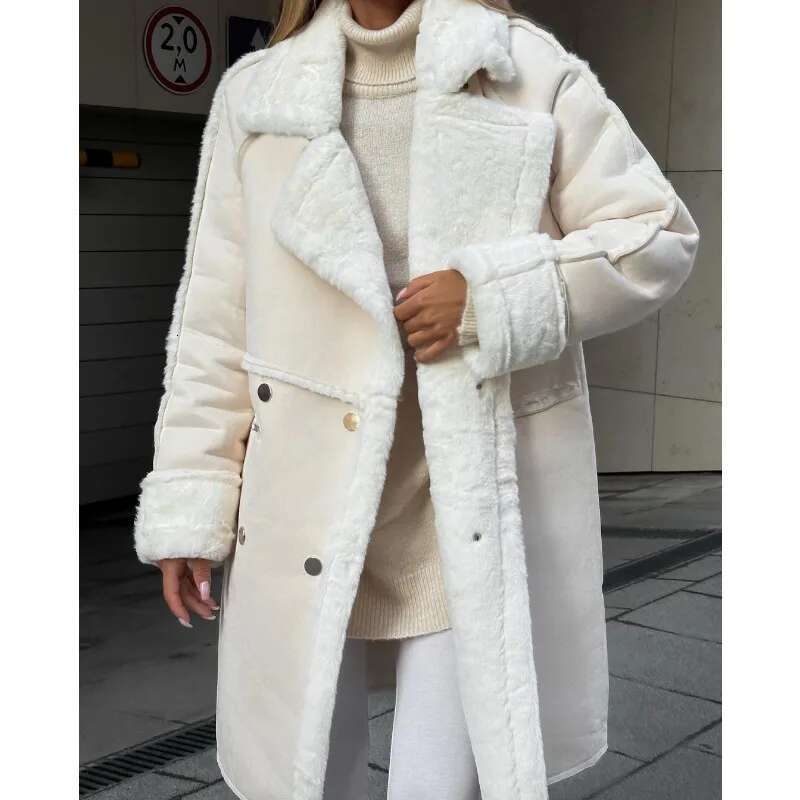 New Loose Cardigan Large Autumn Winter Plush Warm Windbreaker Women Long Sleeve Turn-Down Collar Trench Coat
