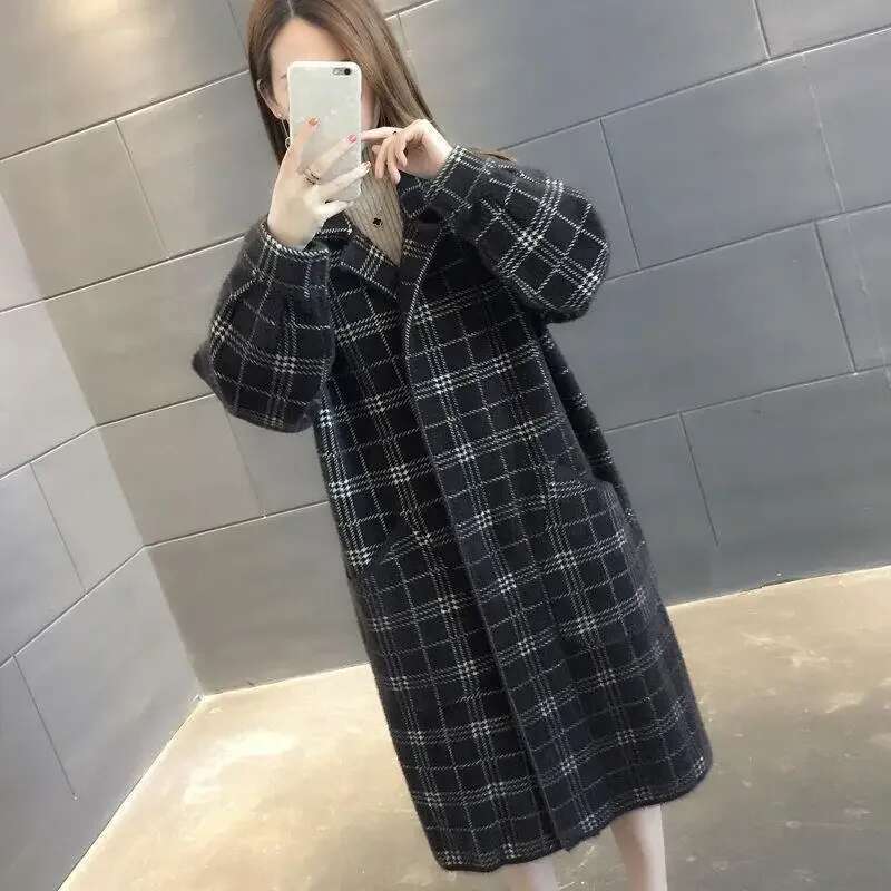 Woolen Medium-Length Plaid Jacket Loose Fit Knit Suit Collar Overcoat New 2024 Autumn/Winter Women's Fashion Outerwear