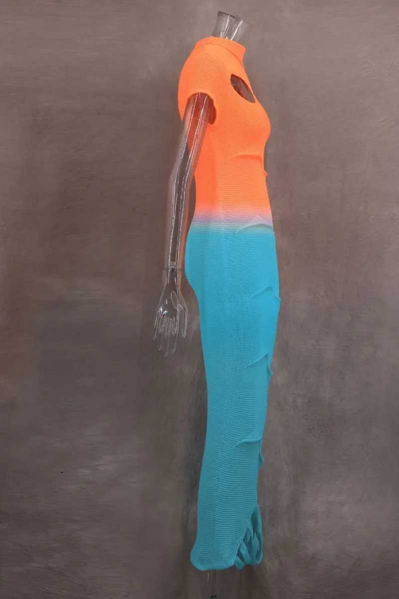 Basic Casual Dresses Orange Blue Gradient Hollow Out Bodycon Maxi Dress Women Sexy O-neck Short Slve Tassel Knitted Long Robe Strtwear Outfits H25217