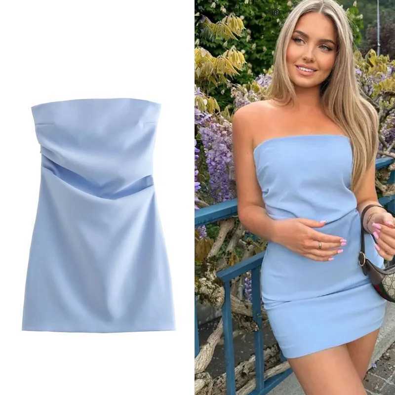 Basic Casual Dresses TRAF Dress Women Off Shoulder Corset Short Dresses Ruched Backless Blue Black White Dress Woman Sexy Bodycon Party Dresses H25217